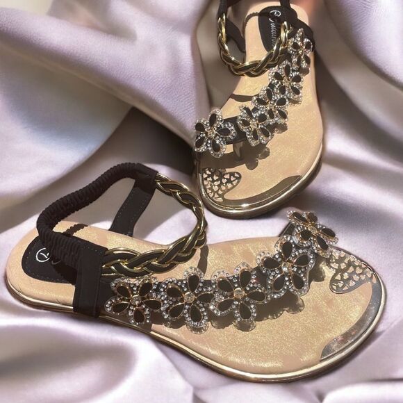 Italina Fuzzy Black Daisy Floral Rhinestone Gold Woven Sandals - Picture 2 of 11